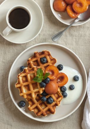 coffee, breakfast, waffles Wallpaper 1640x2360