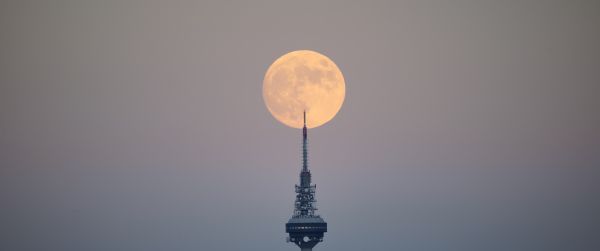 moon over the city, full moon Wallpaper 3440x1440