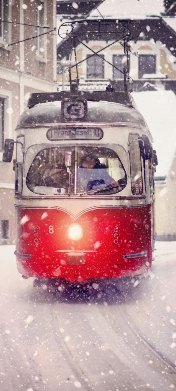 Обои 1440x3200 трамвай, снег