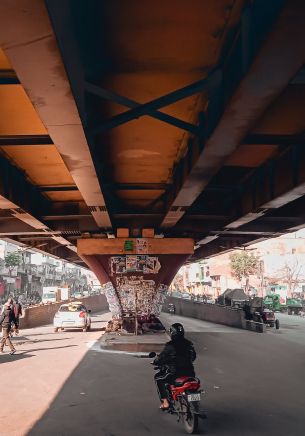 under the bridge, city, mopeds Wallpaper 1668x2388