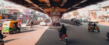 under the bridge, city, mopeds Wallpaper 2560x1080