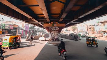under the bridge, city, mopeds Wallpaper 2048x1152