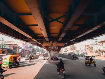 under the bridge, city, mopeds Wallpaper 1024x768