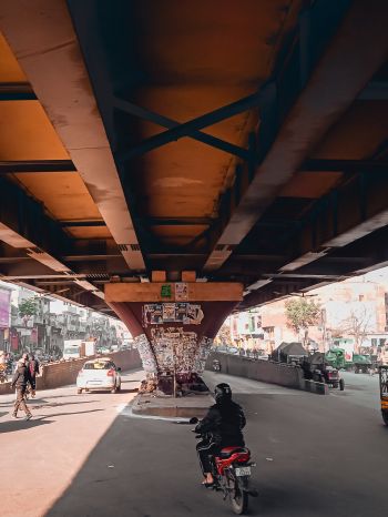 under the bridge, city, mopeds Wallpaper 1536x2048