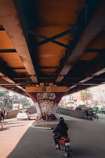 under the bridge, city, mopeds Wallpaper 640x960