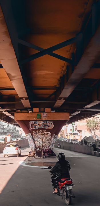 under the bridge, city, mopeds Wallpaper 1080x2220