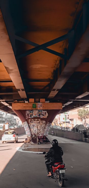 under the bridge, city, mopeds Wallpaper 1080x2280