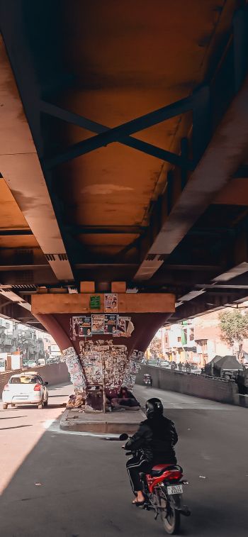 under the bridge, city, mopeds Wallpaper 1125x2436