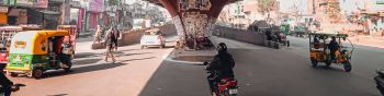 under the bridge, city, mopeds Wallpaper 1590x400