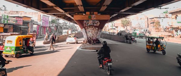 under the bridge, city, mopeds Wallpaper 2560x1080