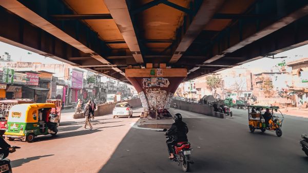 under the bridge, city, mopeds Wallpaper 1366x768