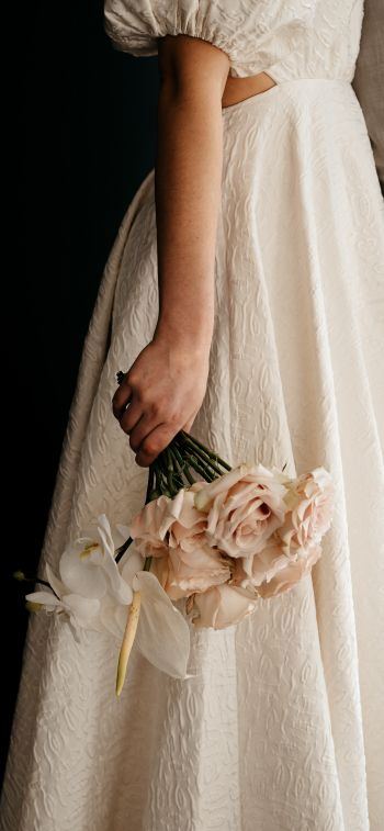 dress, bouquet, girl Wallpaper 1242x2688