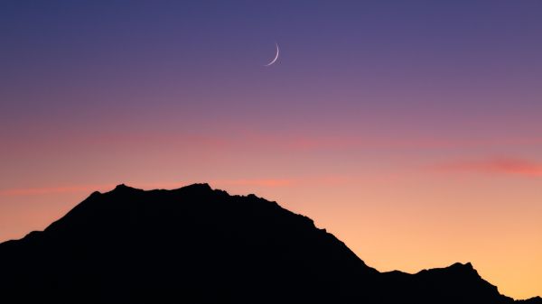 sunset, moon, mountains Wallpaper 1600x900
