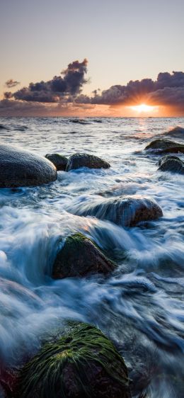 sea waves, sunrise Wallpaper 1284x2778