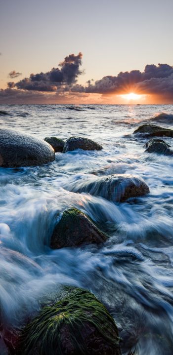 sea waves, sunrise Wallpaper 1080x2220