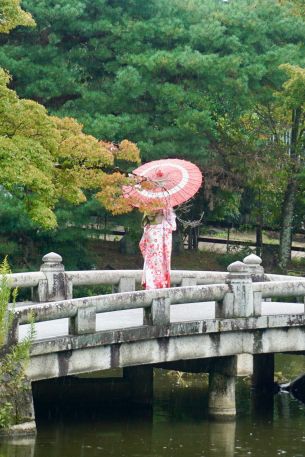 Kyoto, Japan, bridge across the lake Wallpaper 640x960