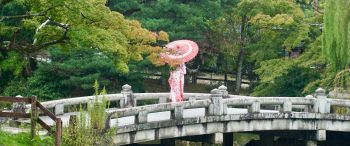 Kyoto, Japan, bridge across the lake Wallpaper 3440x1440