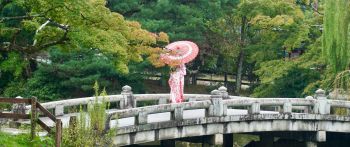 Kyoto, Japan, bridge across the lake Wallpaper 2560x1080
