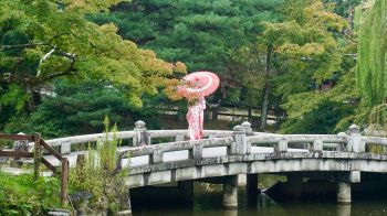 Kyoto, Japan, bridge across the lake Wallpaper 2048x1152