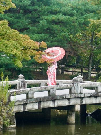 Kyoto, Japan, bridge across the lake Wallpaper 1620x2160