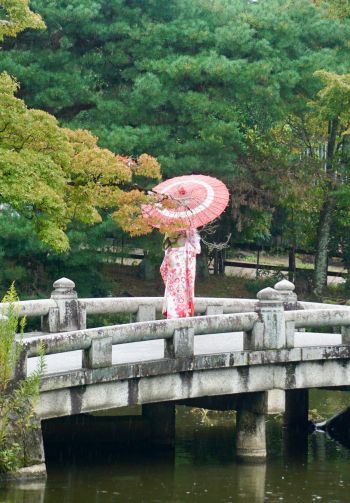Kyoto, Japan, bridge across the lake Wallpaper 1640x2360