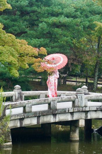 Kyoto, Japan, bridge across the lake Wallpaper 640x960