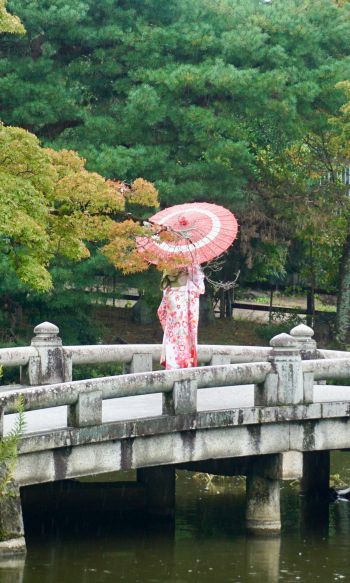 Kyoto, Japan, bridge across the lake Wallpaper 1200x2000