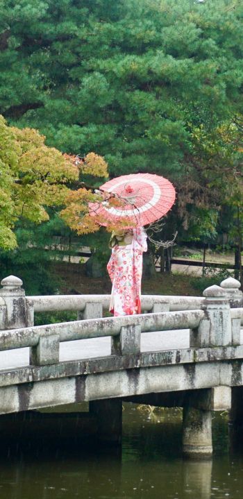 Kyoto, Japan, bridge across the lake Wallpaper 1080x2220