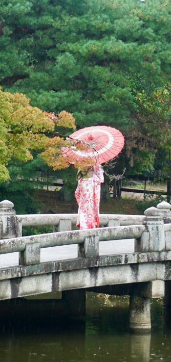 Kyoto, Japan, bridge across the lake Wallpaper 1080x2280