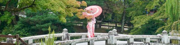 Kyoto, Japan, bridge across the lake Wallpaper 1590x400