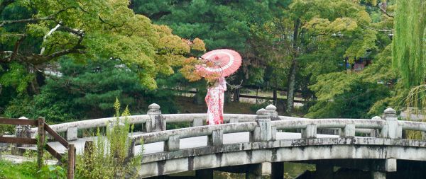 Kyoto, Japan, bridge across the lake Wallpaper 2560x1080