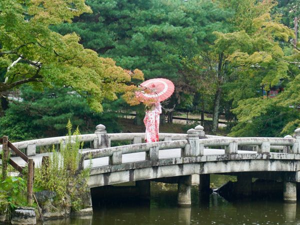 Обои 1024x768 Киото, Япония, мостик через озеро