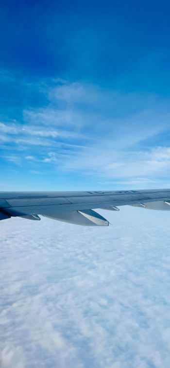 Обои 828x1792 крыло самолета, над облаками