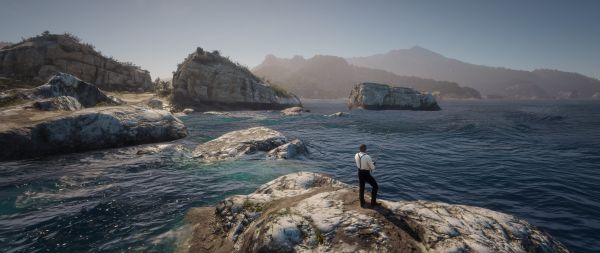 Red Dead Redemption 2, sea, fishing Wallpaper 2560x1080