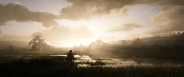 Обои 7680x3240 Red Dead Redemption 2, закат