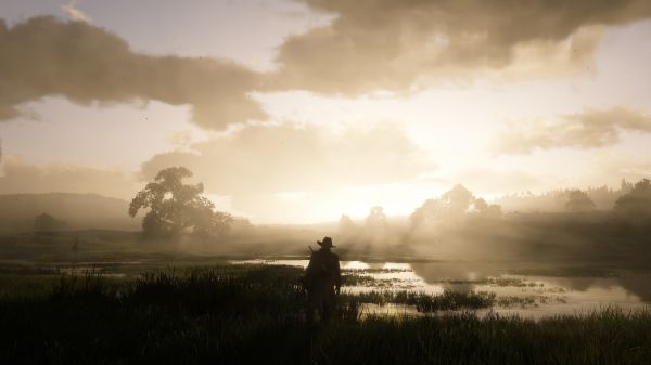Обои 1366x768 Red Dead Redemption 2, закат