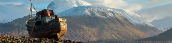 landscape, ship, mountain Wallpaper 1590x400