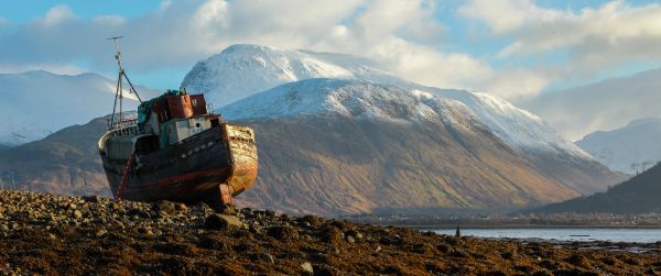 landscape, ship, mountain Wallpaper 3440x1440