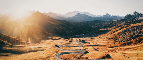 road between mountains, mountain peaks Wallpaper 2560x1080