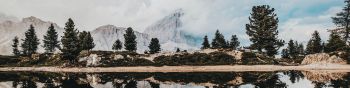 mountains, reflection in the lake Wallpaper 1590x400