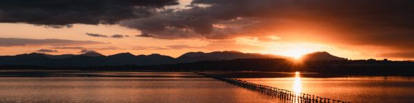 sunset, sea, pier Wallpaper 1590x400