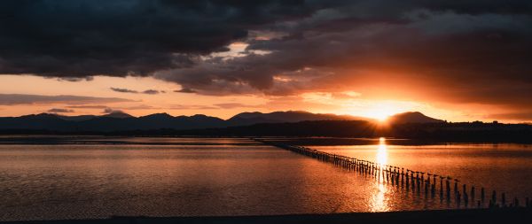 sunset, sea, pier Wallpaper 2560x1080