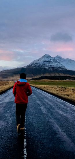 mountains, walking down the road Wallpaper 1080x2280