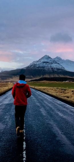 mountains, walking down the road Wallpaper 1080x2340