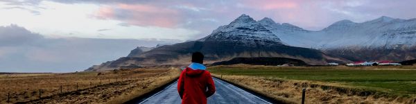 mountains, walking down the road Wallpaper 1590x400