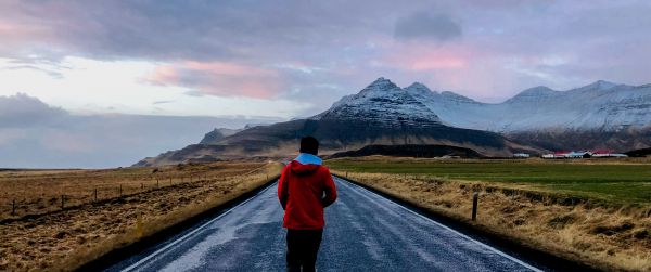 mountains, walking down the road Wallpaper 3440x1440