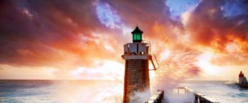 lighthouse, ocean, waves Wallpaper 3440x1440