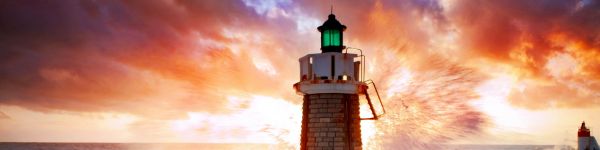 lighthouse, ocean, waves Wallpaper 1590x400