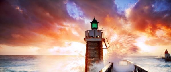 lighthouse, ocean, waves Wallpaper 2560x1080
