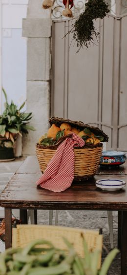 in the yard, basket of lemons Wallpaper 1284x2778